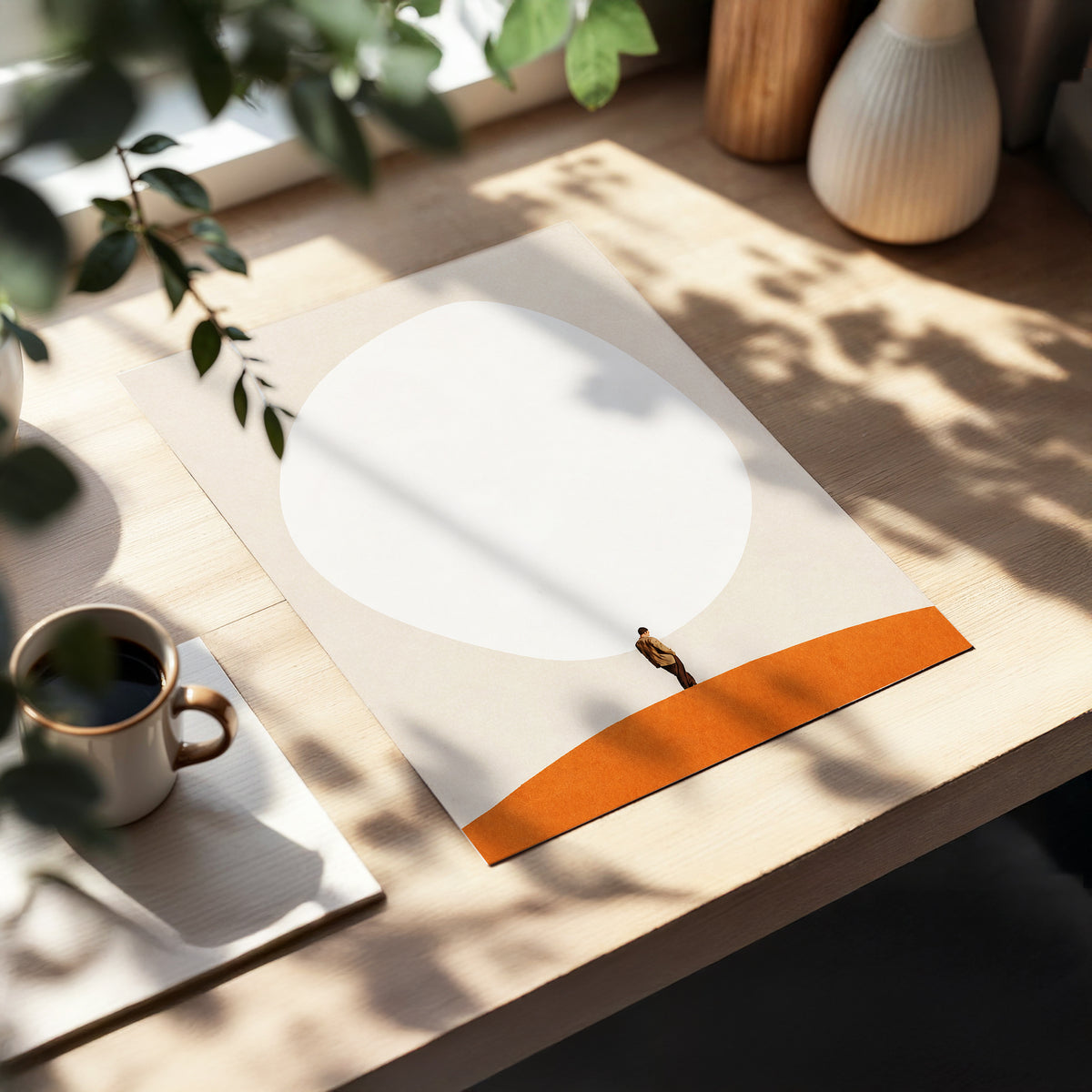 A Quiet Expanse, beige, white, orange minimalist wall art displayed in a styled interior, gallery view 5