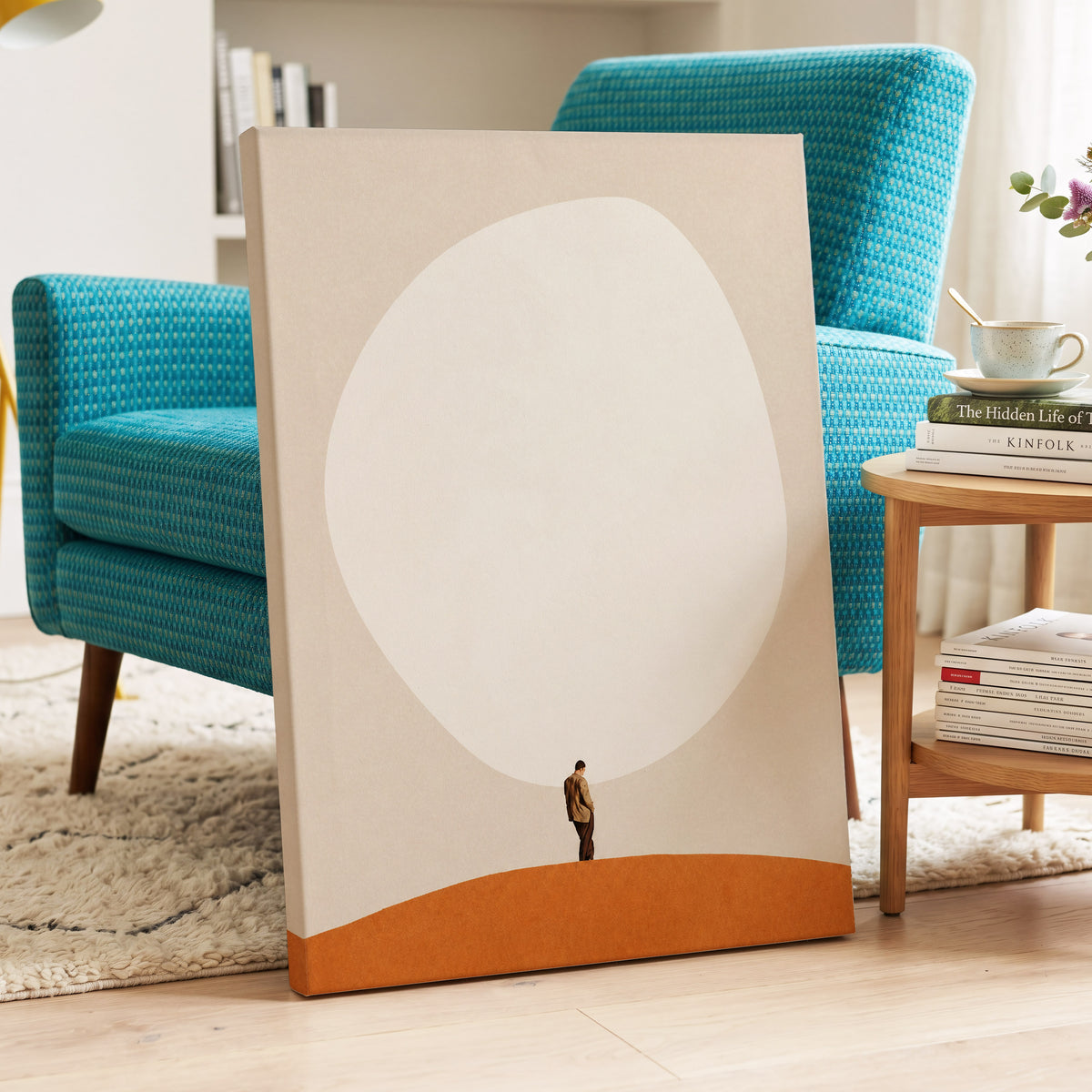 A Quiet Expanse, beige, white, orange minimalist wall art displayed in a styled interior, gallery view 7