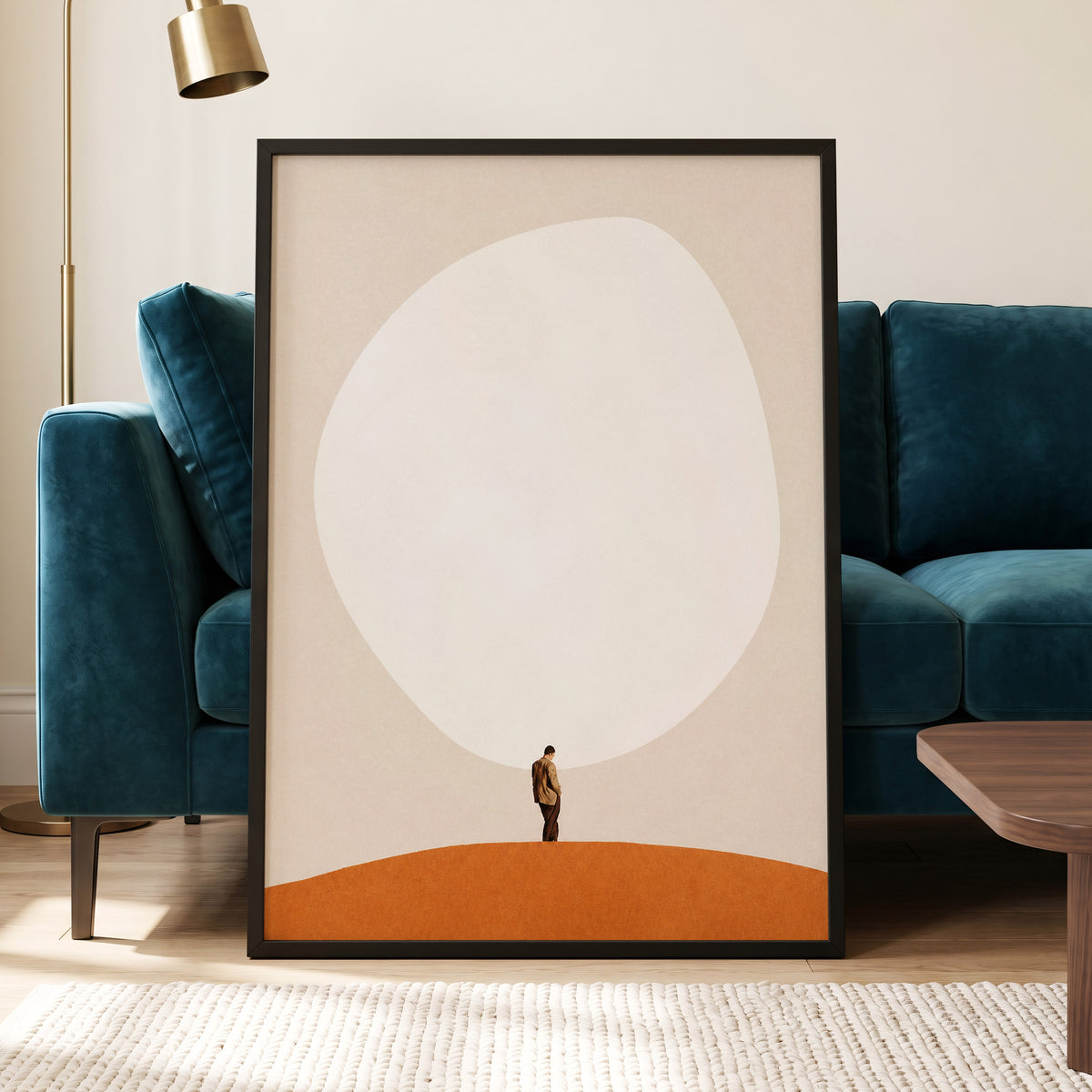 A Quiet Expanse, beige, white, orange minimalist wall art displayed in a styled interior, gallery view 9