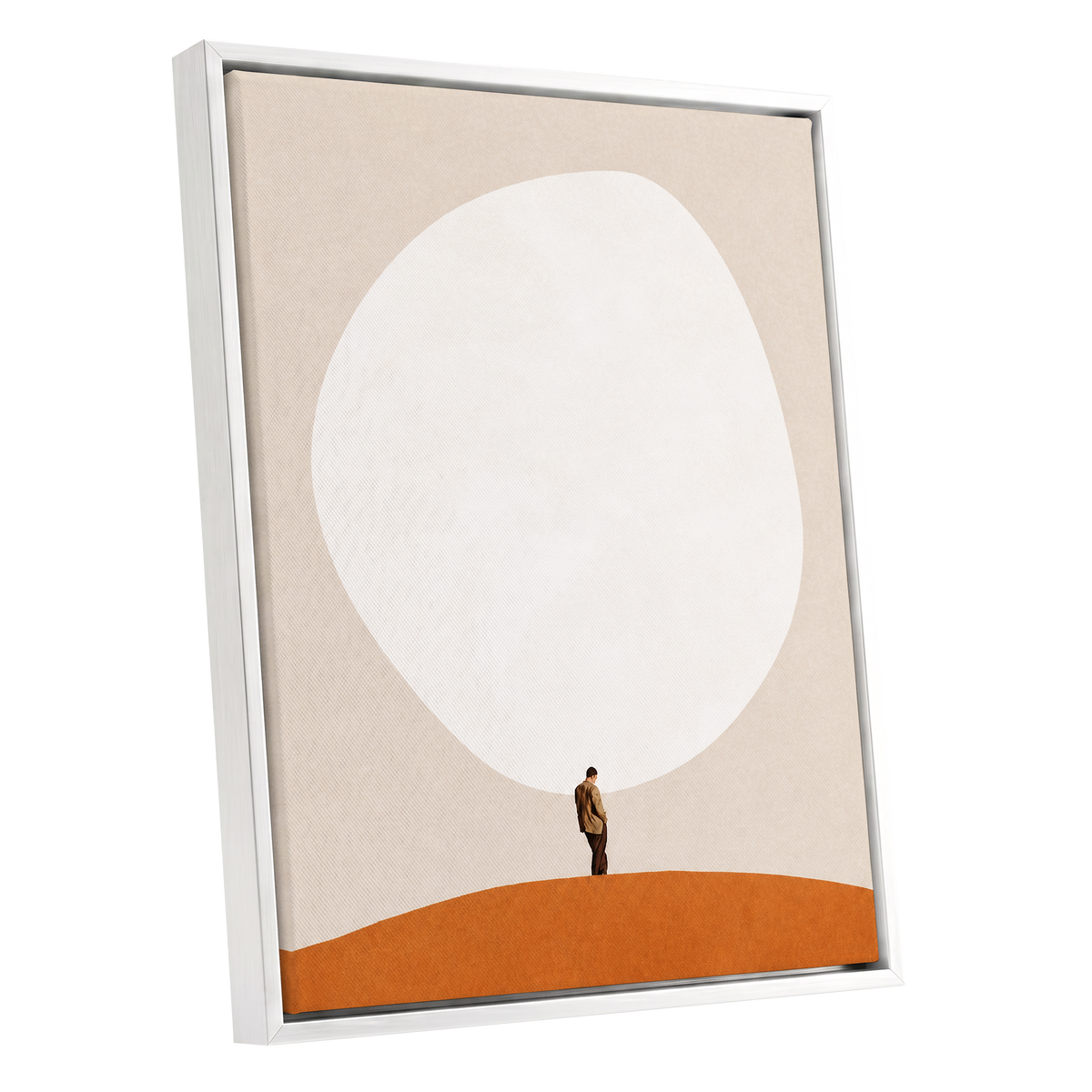 A Quiet Expanse, beige, white, orange minimalist wall art shown as a white framed canvas wall art