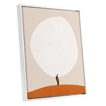 A Quiet Expanse, beige, white, orange minimalist wall art shown as a white framed canvas wall art