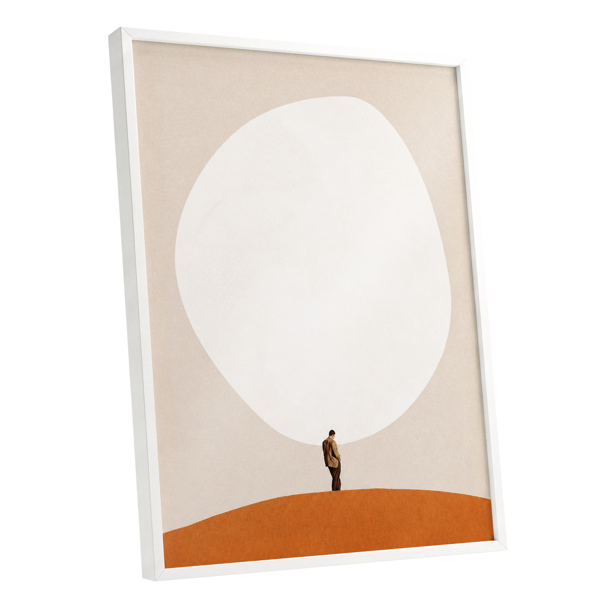 A Quiet Expanse, beige, white, orange minimalist wall art shown as a white framed poster wall art print