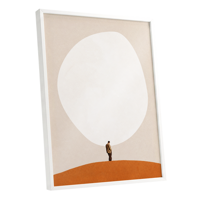 A Quiet Expanse, beige, white, orange minimalist wall art shown as a white framed poster wall art print