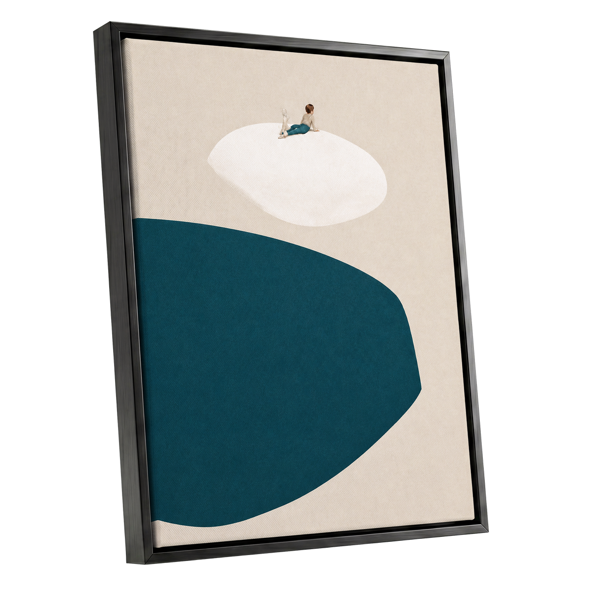A Quiet Perch, blue, beige, white minimalist wall art shown as a black framed canvas wall art
