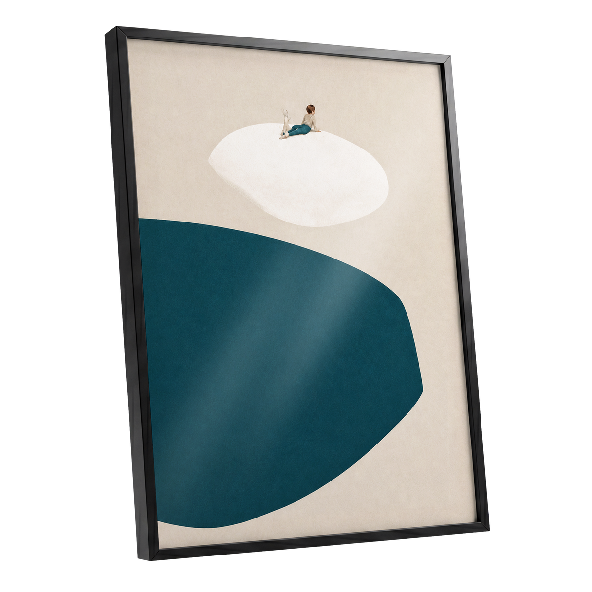 A Quiet Perch, blue, beige, white minimalist wall art shown as a black framed poster wall art print