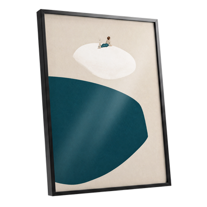 A Quiet Perch, blue, beige, white minimalist wall art shown as a black framed poster wall art print
