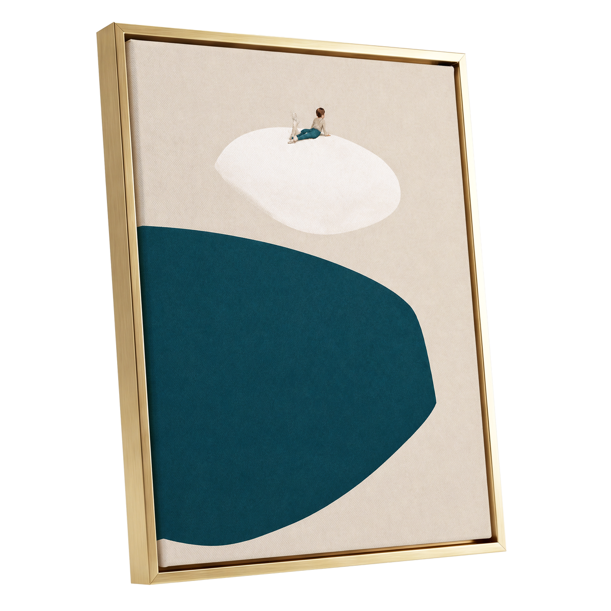 A Quiet Perch, blue, beige, white minimalist wall art shown as a gold framed canvas wall art