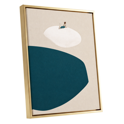 A Quiet Perch, blue, beige, white minimalist wall art shown as a gold framed canvas wall art