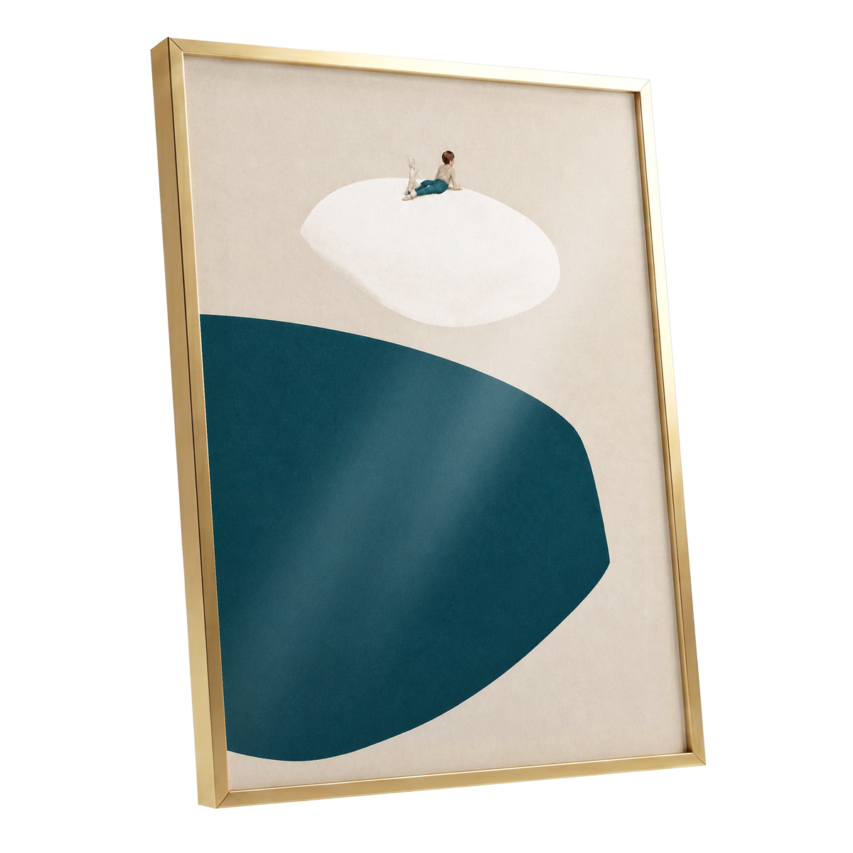 A Quiet Perch, blue, beige, white minimalist wall art shown as a gold framed poster wall art print
