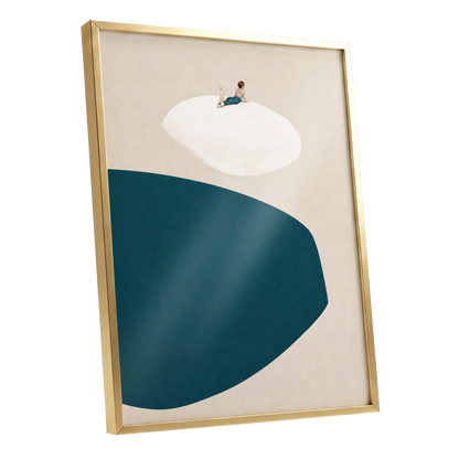 A Quiet Perch, blue, beige, white minimalist wall art shown as a gold framed poster wall art print