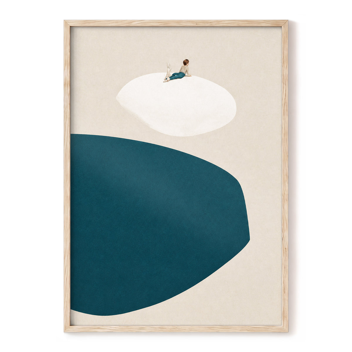 A Quiet Perch, blue, beige, white minimalist wall art, front artwork view