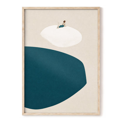 A Quiet Perch, blue, beige, white minimalist wall art, front artwork view