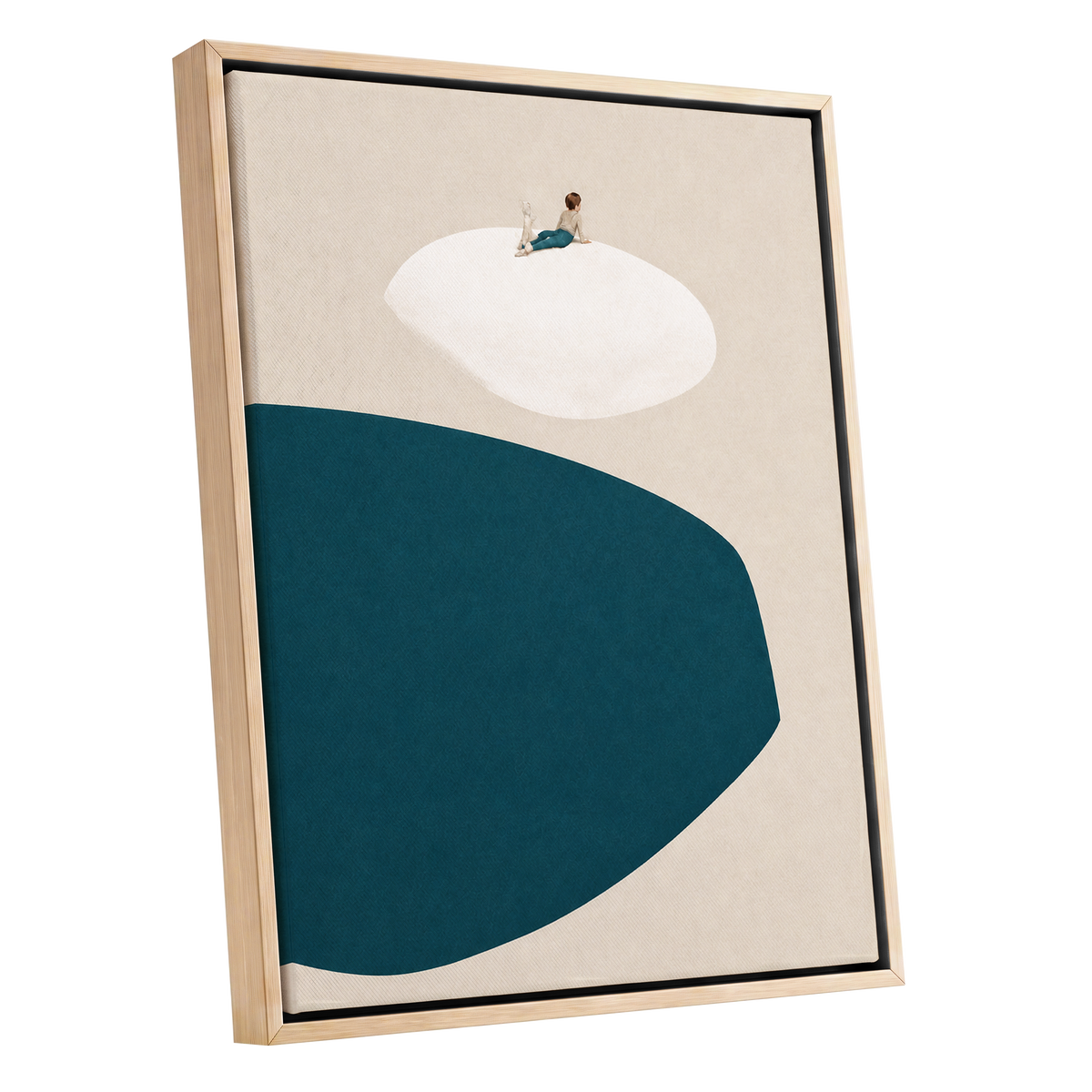 A Quiet Perch, blue, beige, white minimalist wall art shown as a oak framed canvas wall art