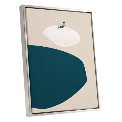 A Quiet Perch, blue, beige, white minimalist wall art shown as a silver framed canvas wall art