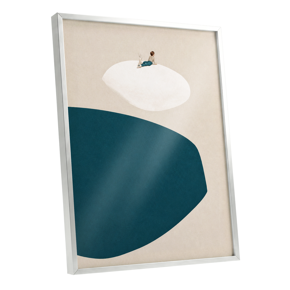 A Quiet Perch, blue, beige, white minimalist wall art shown as a silver framed poster wall art print