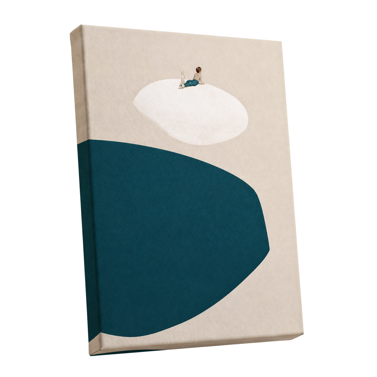 A Quiet Perch, blue, beige, white minimalist wall art shown as a stretched canvas wall art