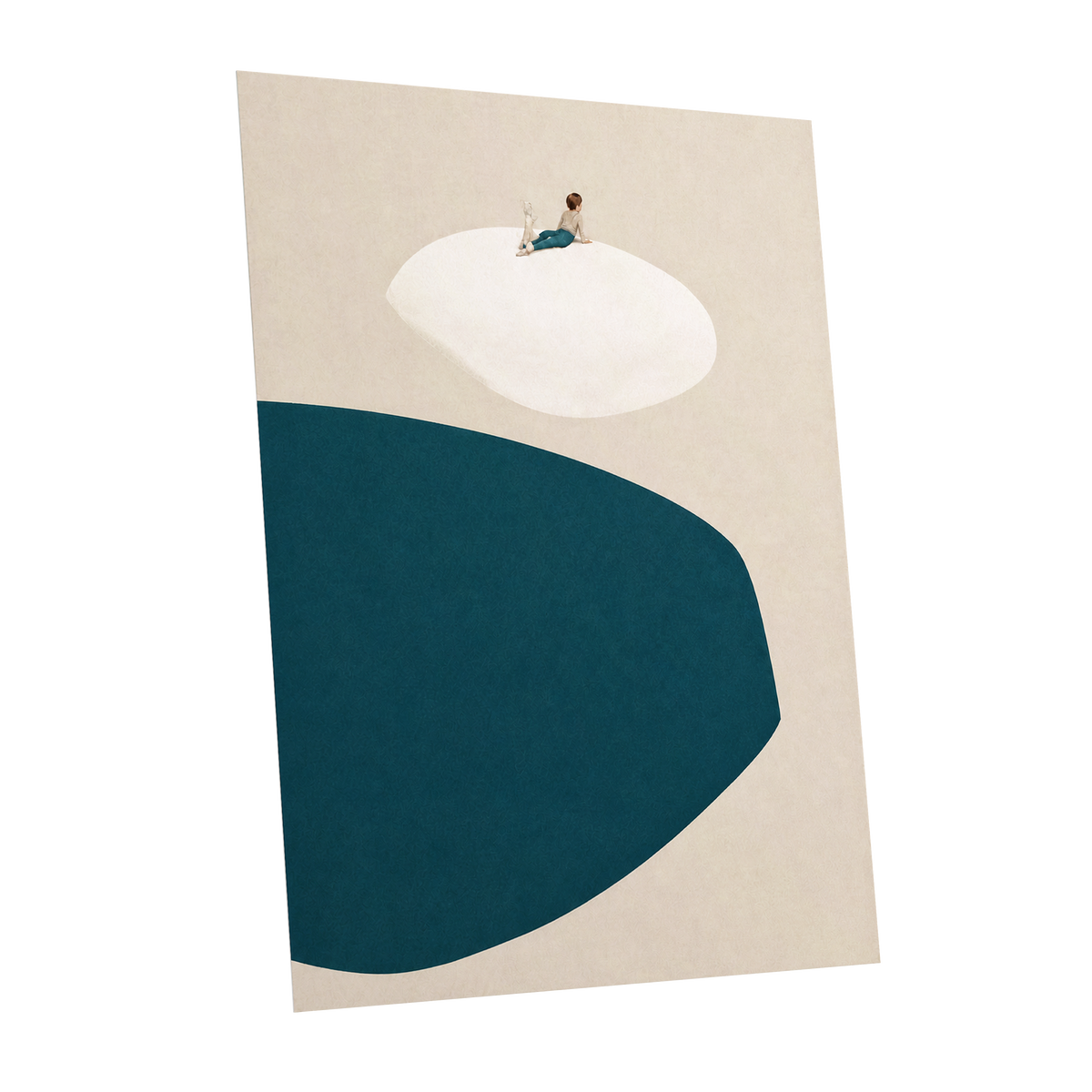 A Quiet Perch, blue, beige, white minimalist wall art shown as a unframed poster wall art print