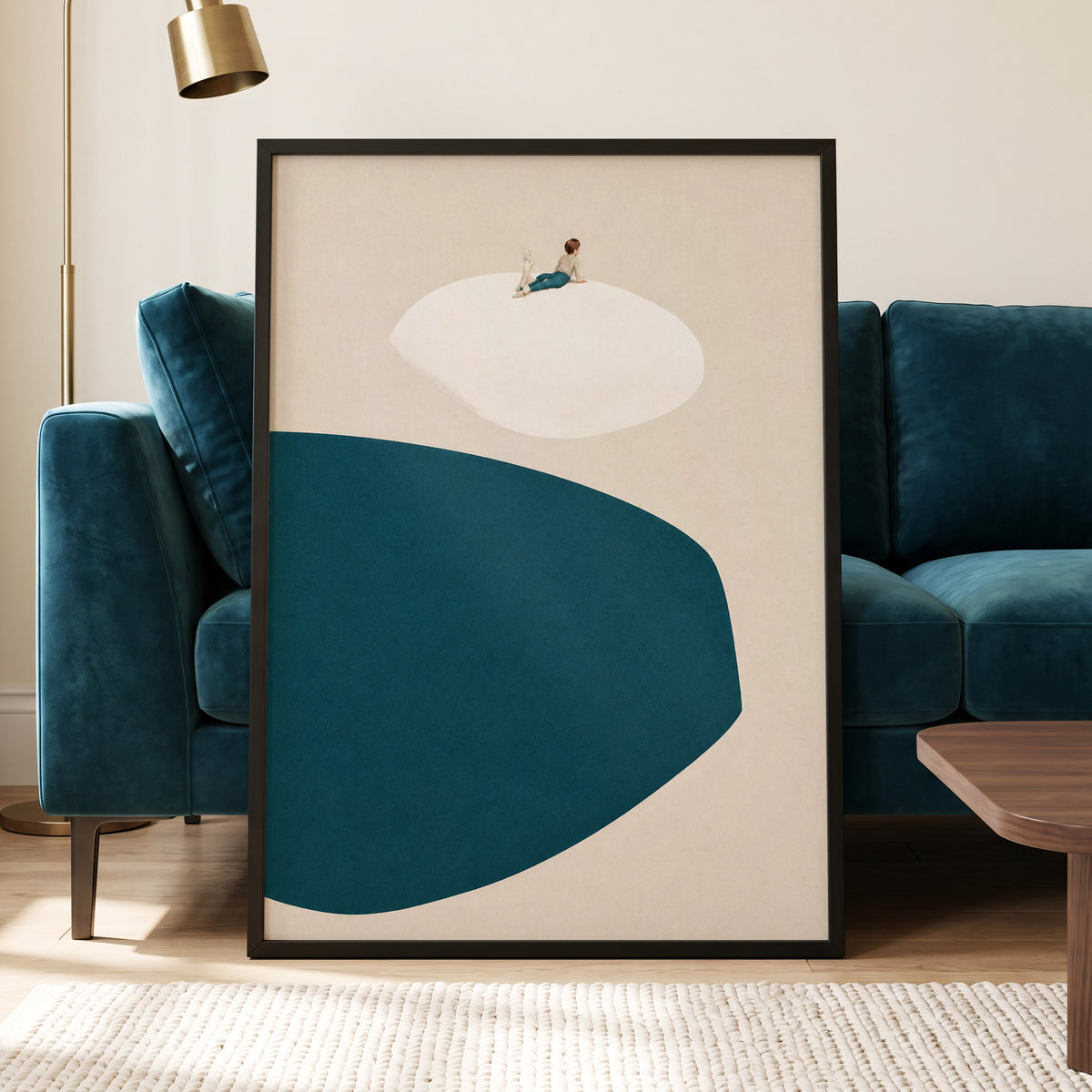 A Quiet Perch, blue, beige, white minimalist wall art displayed in a styled interior, gallery view 2