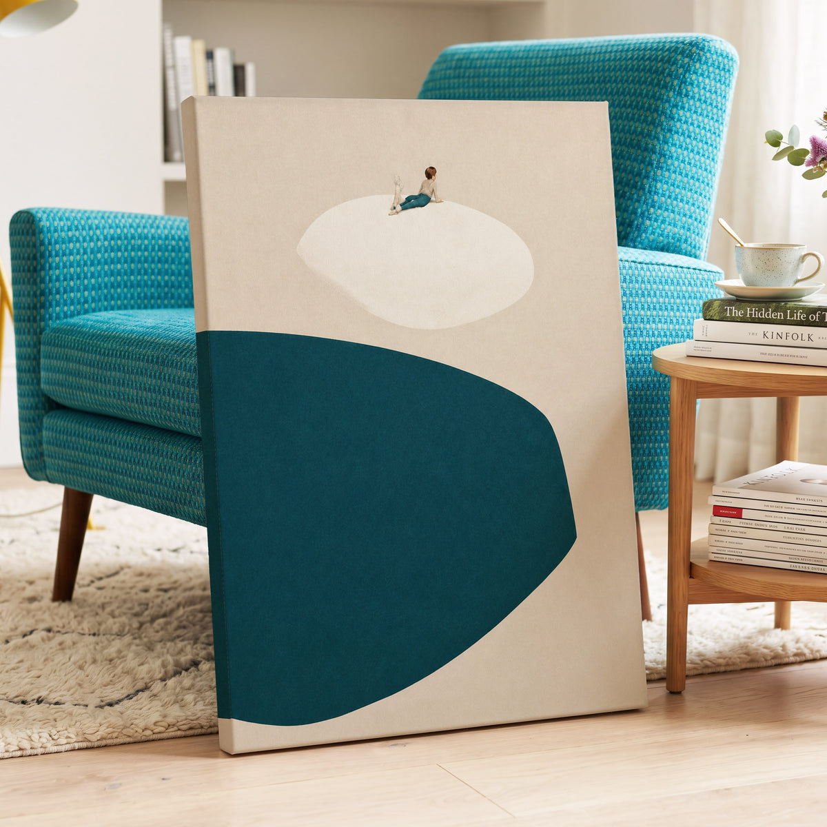 A Quiet Perch, blue, beige, white minimalist wall art displayed in a styled interior, gallery view 3