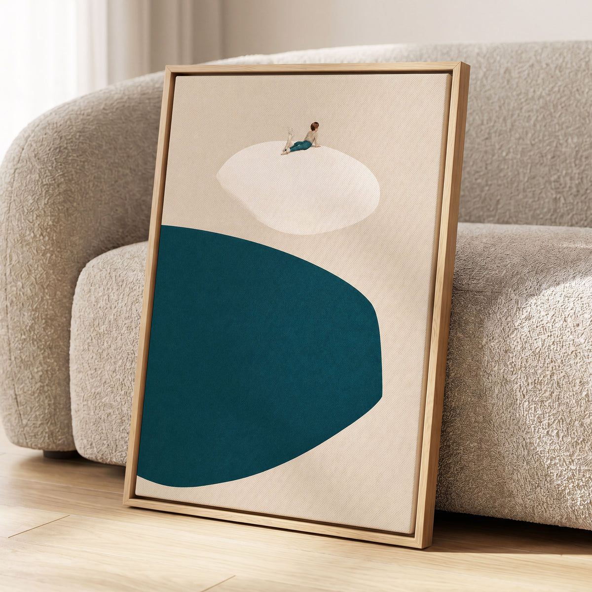 A Quiet Perch, blue, beige, white minimalist wall art displayed in a styled interior, gallery view 4