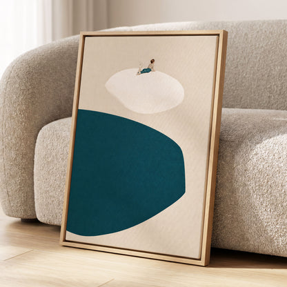 A Quiet Perch, blue, beige, white minimalist wall art displayed in a styled interior, gallery view 4