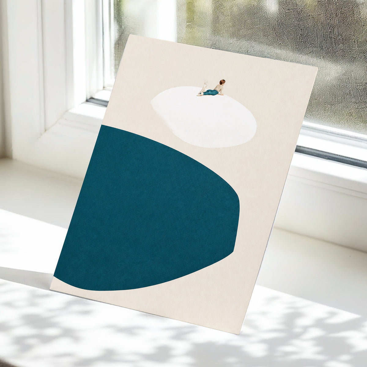 A Quiet Perch, blue, beige, white minimalist wall art displayed in a styled interior, gallery view 5