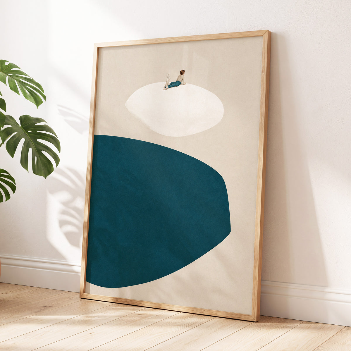 A Quiet Perch, blue, beige, white minimalist wall art displayed in a styled interior, gallery view 6