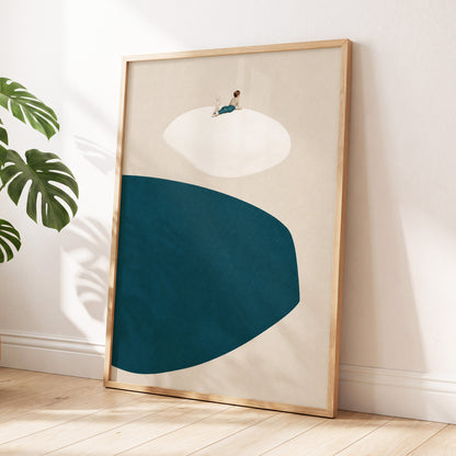A Quiet Perch, blue, beige, white minimalist wall art displayed in a styled interior, gallery view 6
