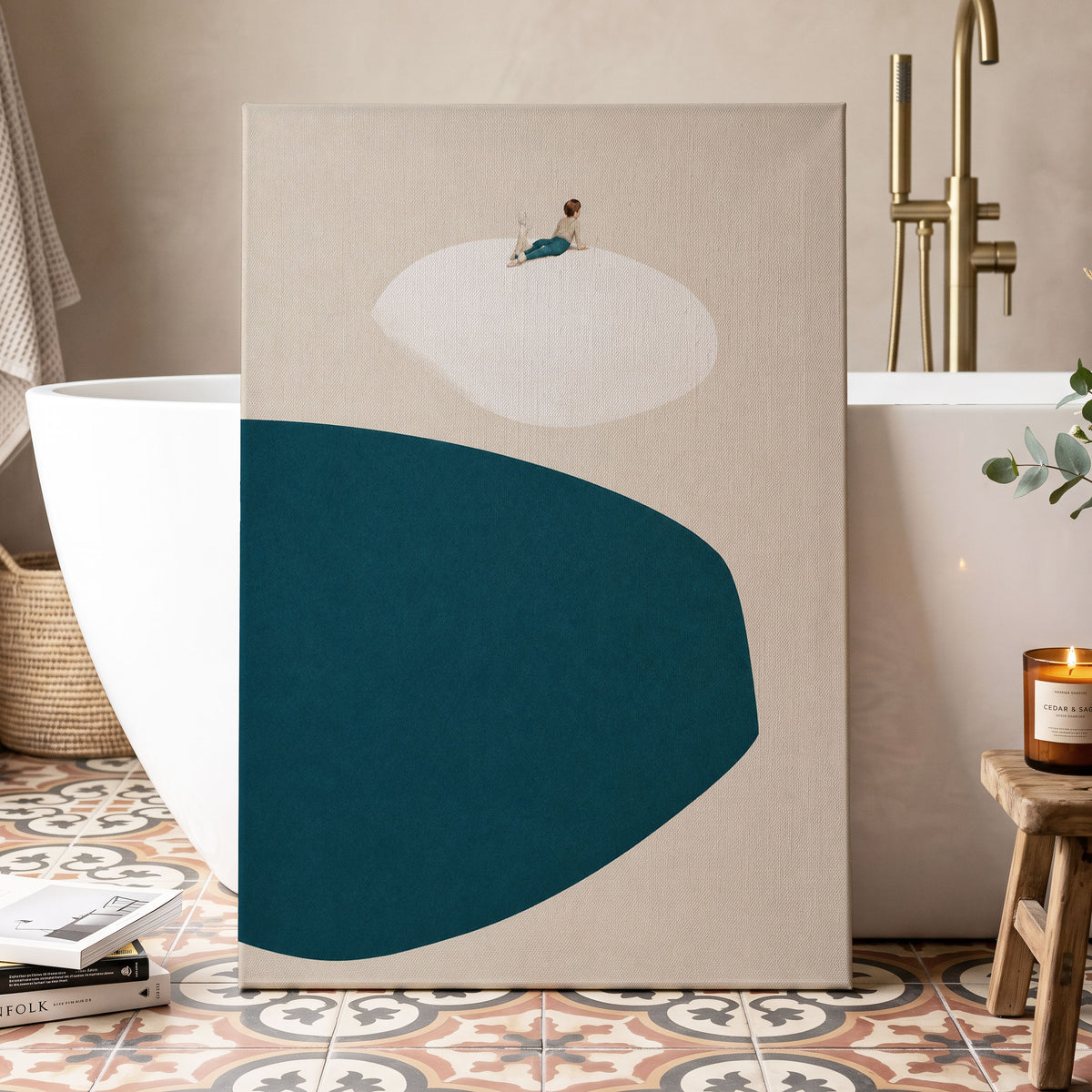 A Quiet Perch, blue, beige, white minimalist wall art displayed in a styled interior, gallery view 7