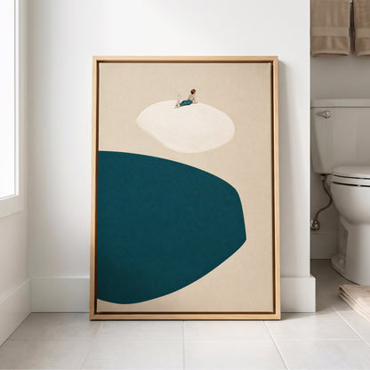 A Quiet Perch, blue, beige, white minimalist wall art displayed in a styled interior, gallery view 8