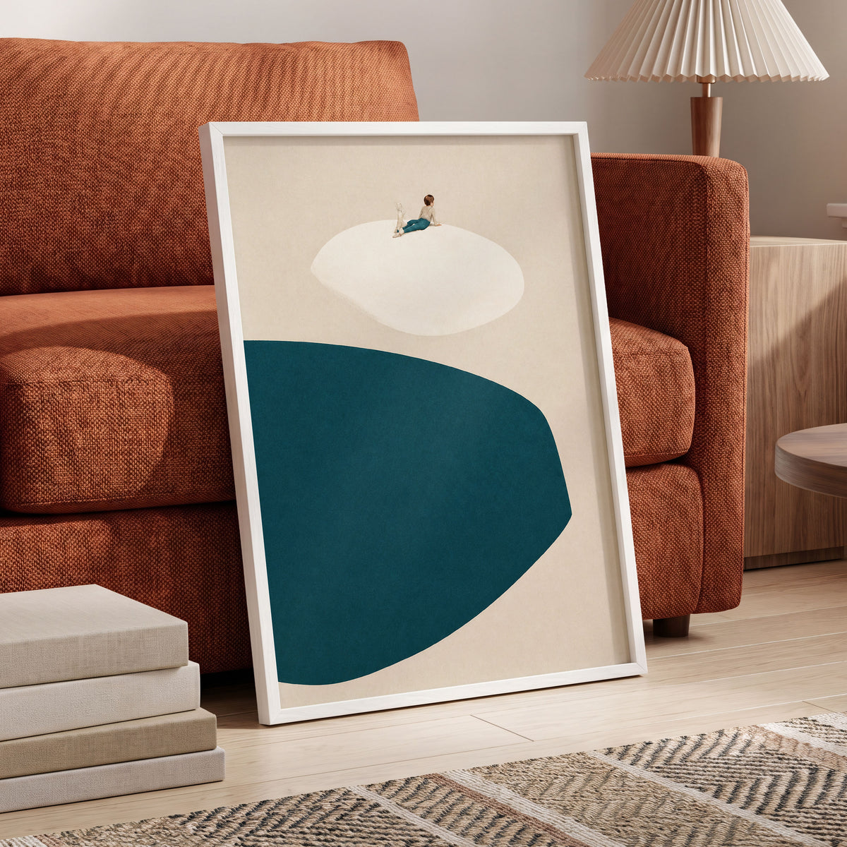 A Quiet Perch, blue, beige, white minimalist wall art displayed in a styled interior, gallery view 9