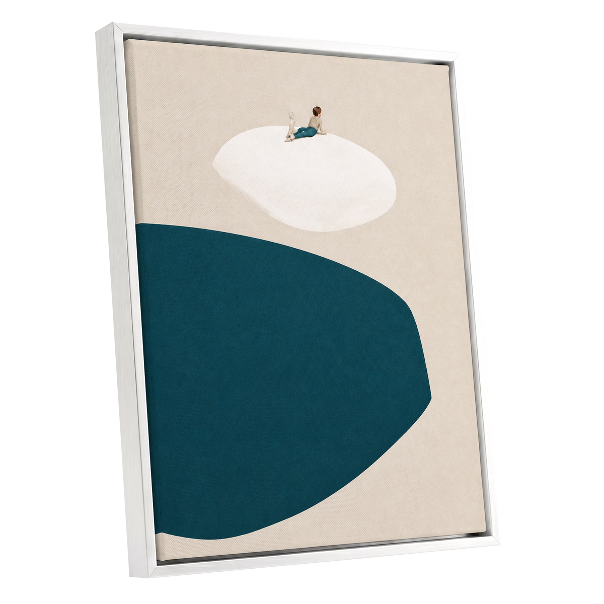 A Quiet Perch, blue, beige, white minimalist wall art shown as a white framed canvas wall art