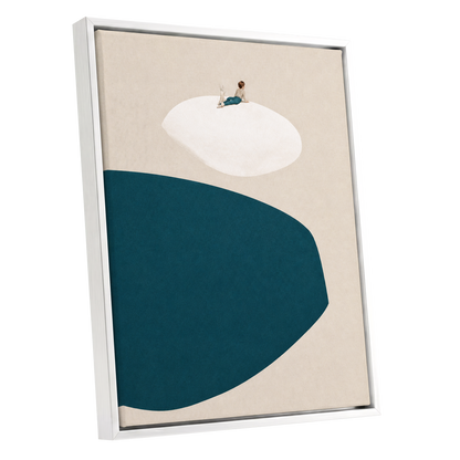 A Quiet Perch, blue, beige, white minimalist wall art shown as a white framed canvas wall art
