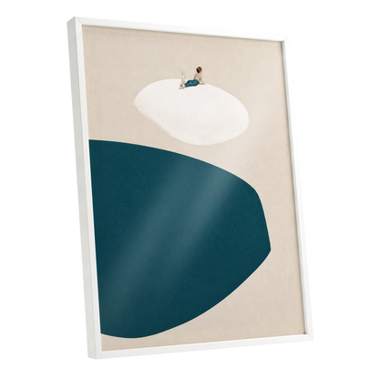 A Quiet Perch, blue, beige, white minimalist wall art shown as a white framed poster wall art print