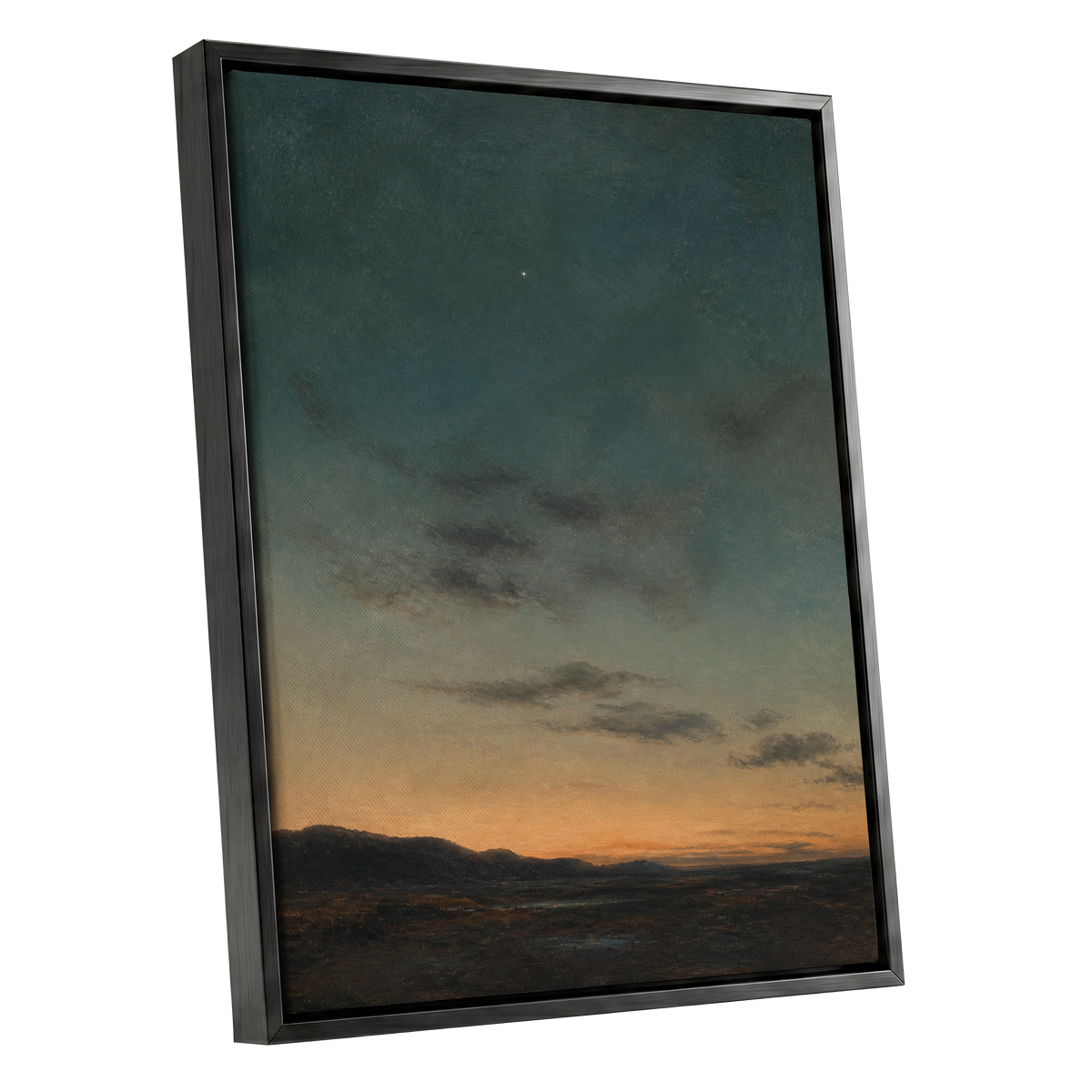 A Star Above the Quiet, blue, green, orange nature wall art shown as a black framed canvas wall art
