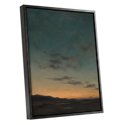 A Star Above the Quiet, blue, green, orange nature wall art shown as a black framed canvas wall art