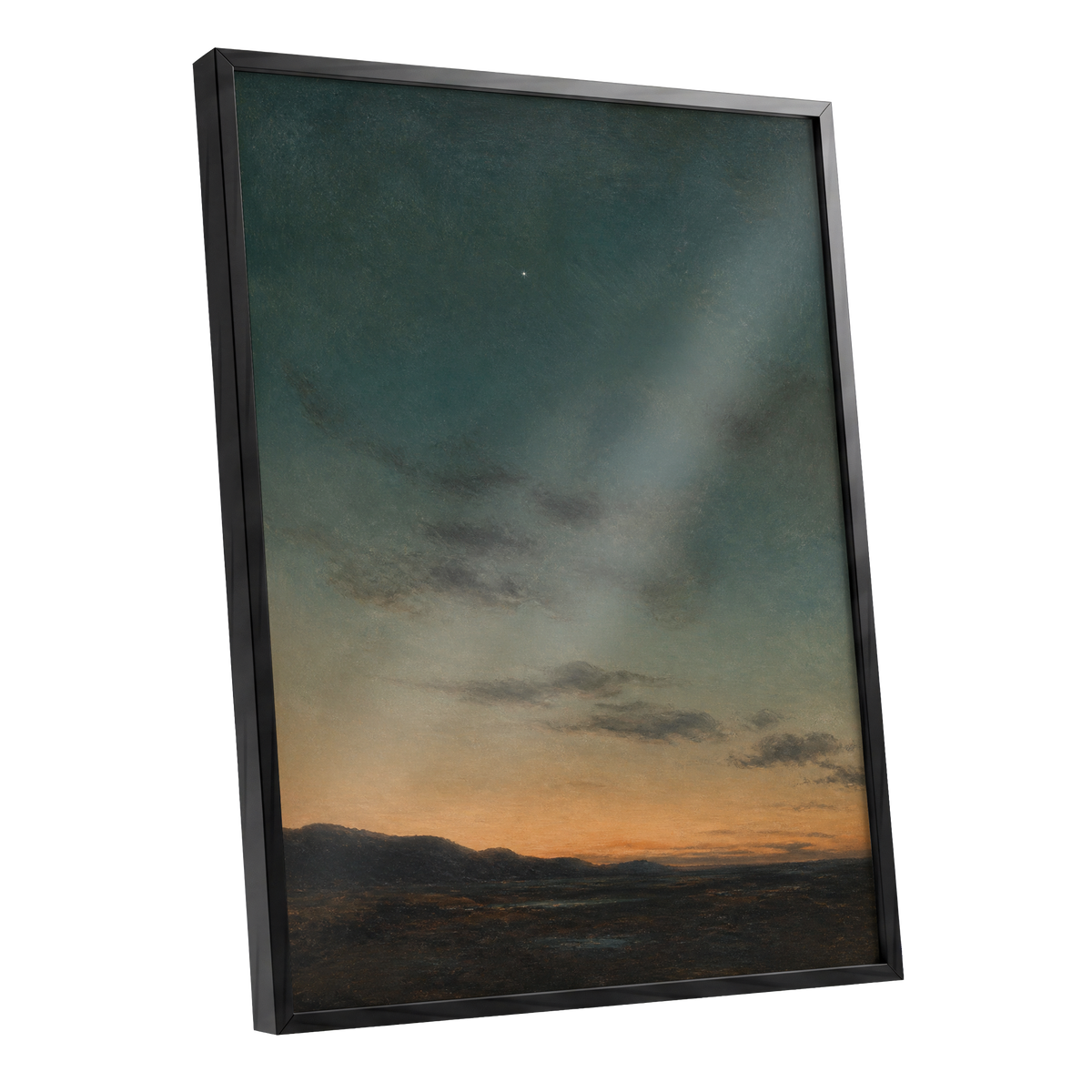 A Star Above the Quiet, blue, green, orange nature wall art shown as a black framed poster wall art print