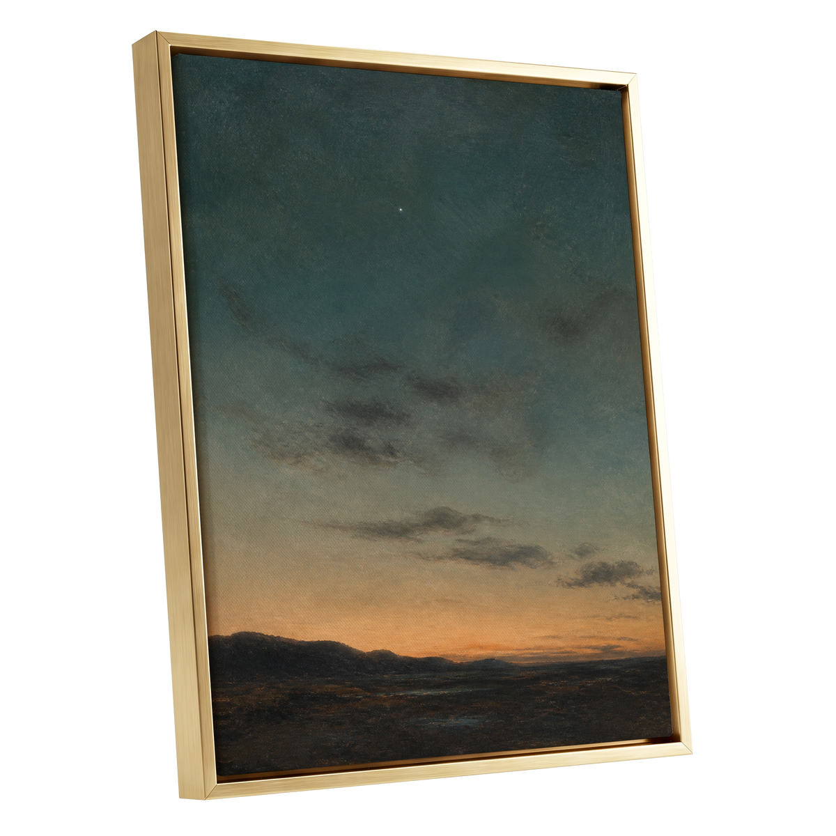 A Star Above the Quiet, blue, green, orange nature wall art shown as a gold framed canvas wall art