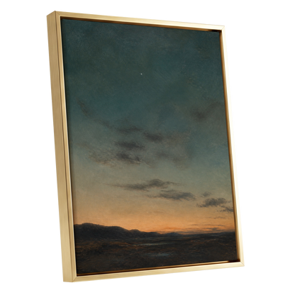 A Star Above the Quiet, blue, green, orange nature wall art shown as a gold framed canvas wall art