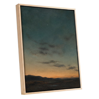 A Star Above the Quiet, blue, green, orange nature wall art shown as a oak framed canvas wall art