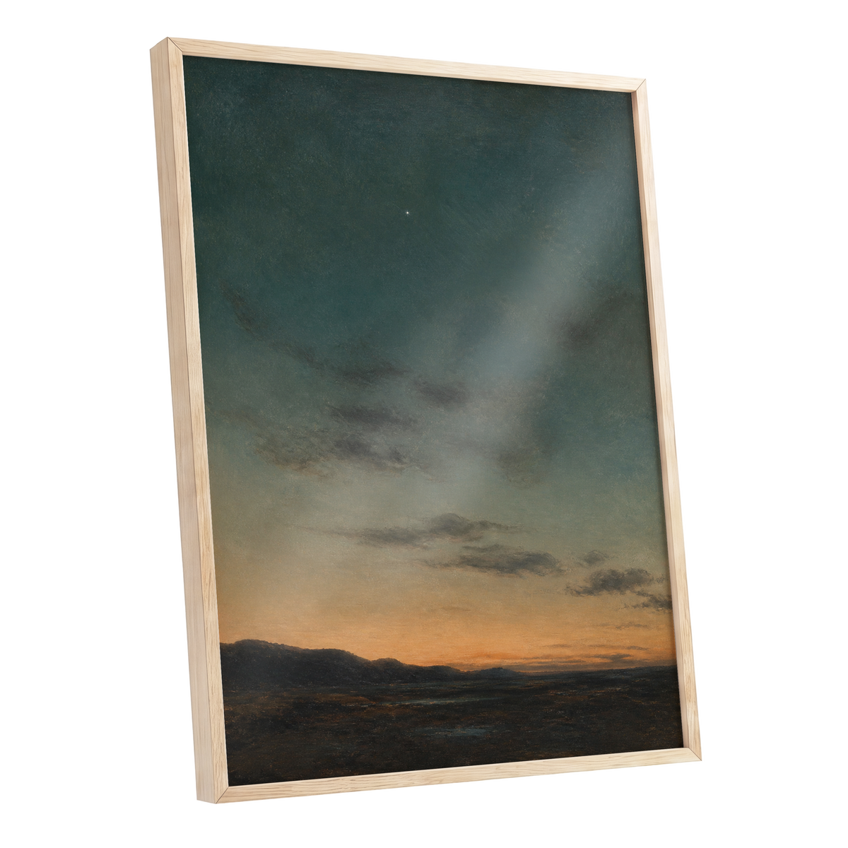 A Star Above the Quiet, blue, green, orange nature wall art shown as a oak framed poster wall art print