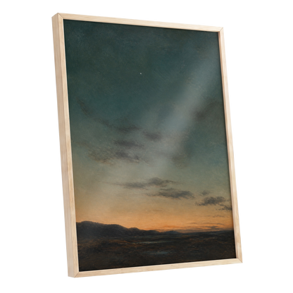 A Star Above the Quiet, blue, green, orange nature wall art shown as a oak framed poster wall art print