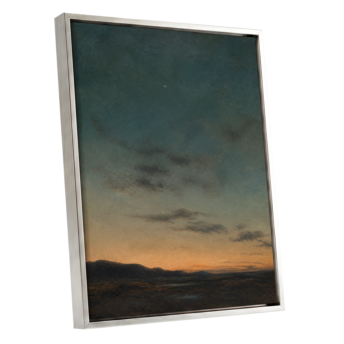A Star Above the Quiet, blue, green, orange nature wall art shown as a silver framed canvas wall art