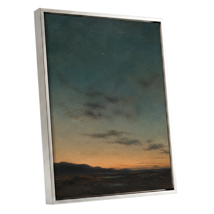 A Star Above the Quiet, blue, green, orange nature wall art shown as a silver framed canvas wall art