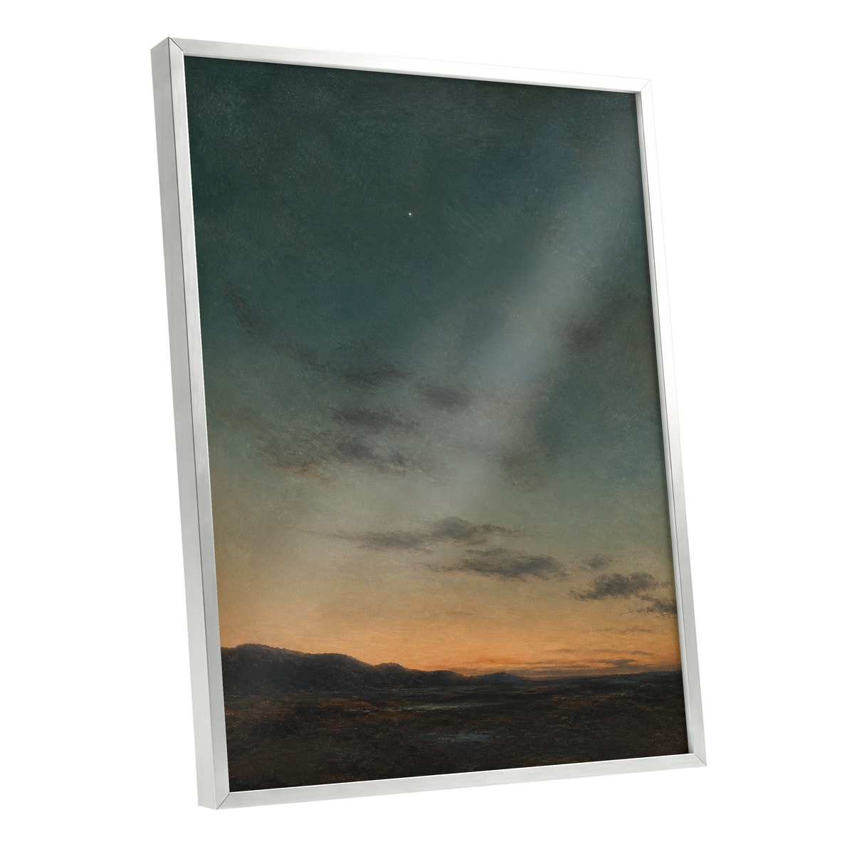A Star Above the Quiet, blue, green, orange nature wall art shown as a silver framed poster wall art print