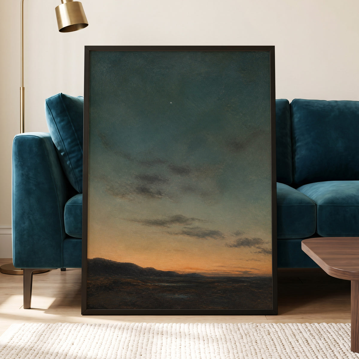 A Star Above the Quiet, blue, green, orange nature wall art displayed in a styled interior, gallery view 2