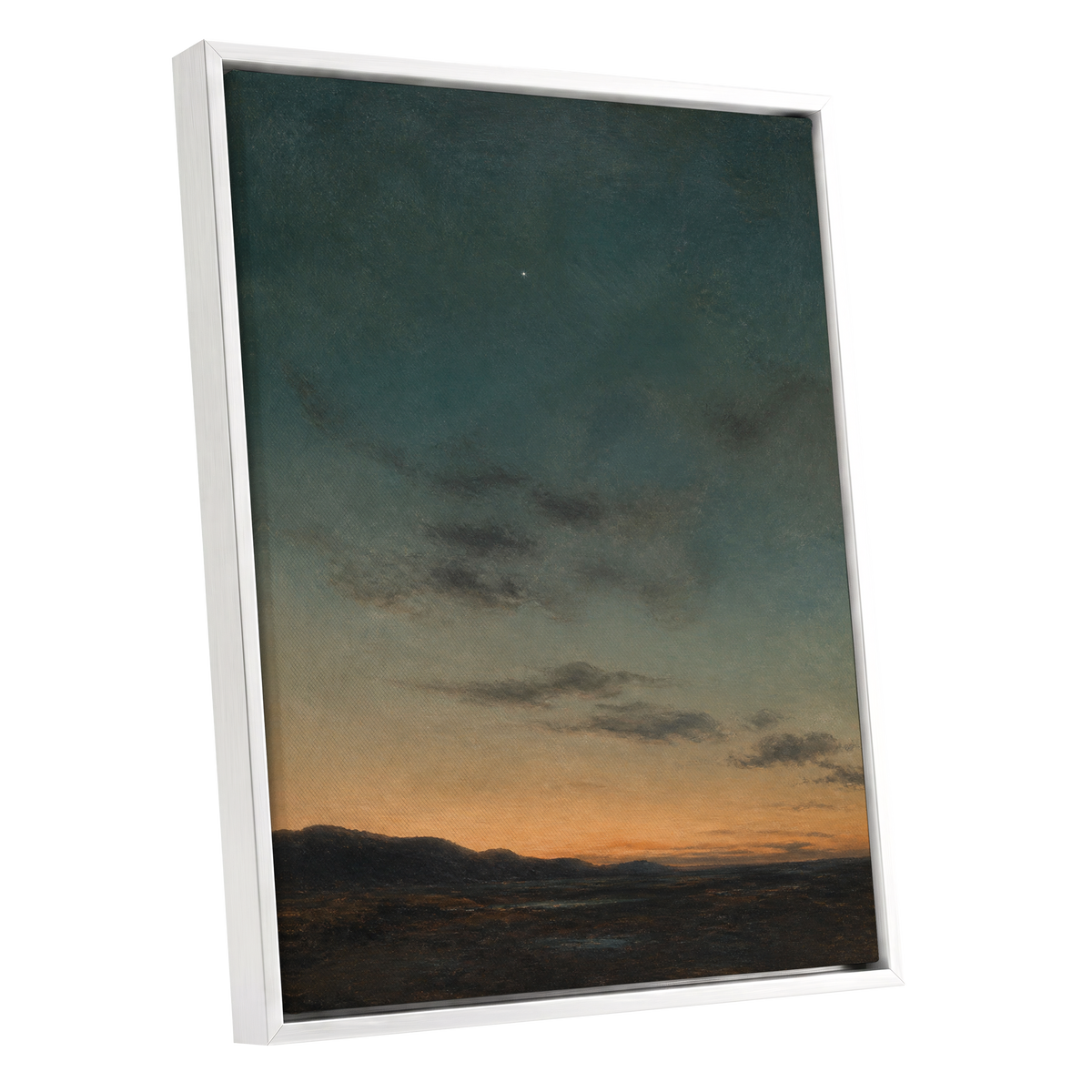 A Star Above the Quiet, blue, green, orange nature wall art shown as a white framed canvas wall art
