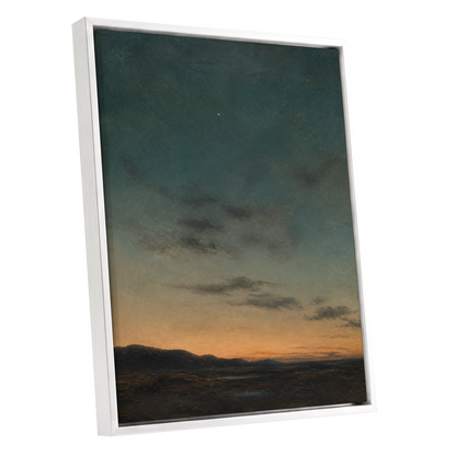 A Star Above the Quiet, blue, green, orange nature wall art shown as a white framed canvas wall art