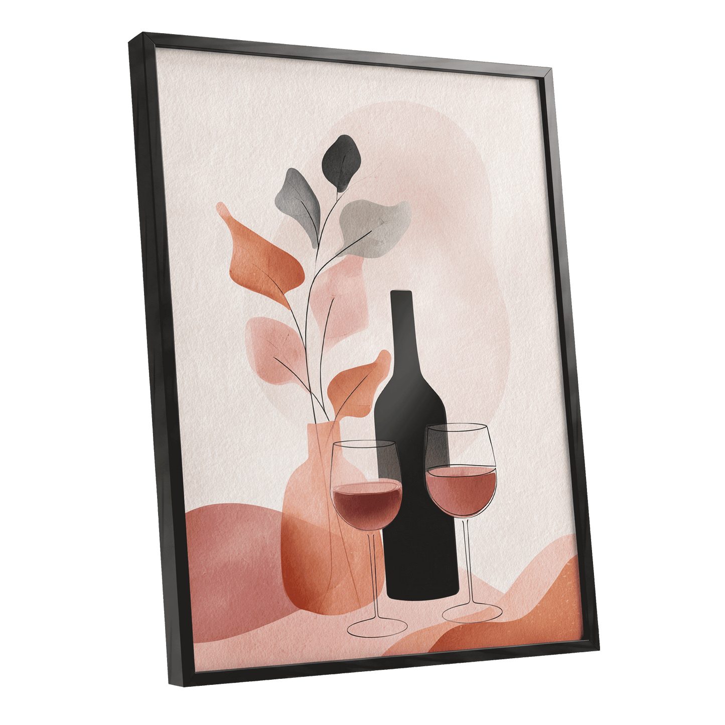 A Toast in Terracotta, beige, black, pink minimalist wall art shown as a black framed poster wall art print