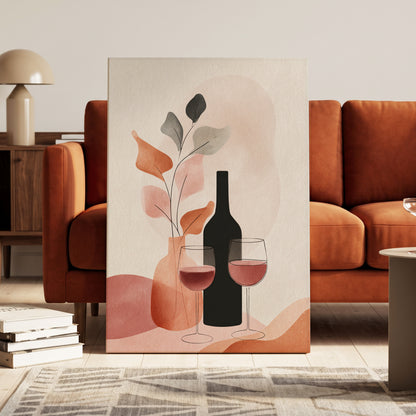 A Toast in Terracotta, beige, black, pink minimalist wall art on canvas displayed in a styled interior, gallery view 1